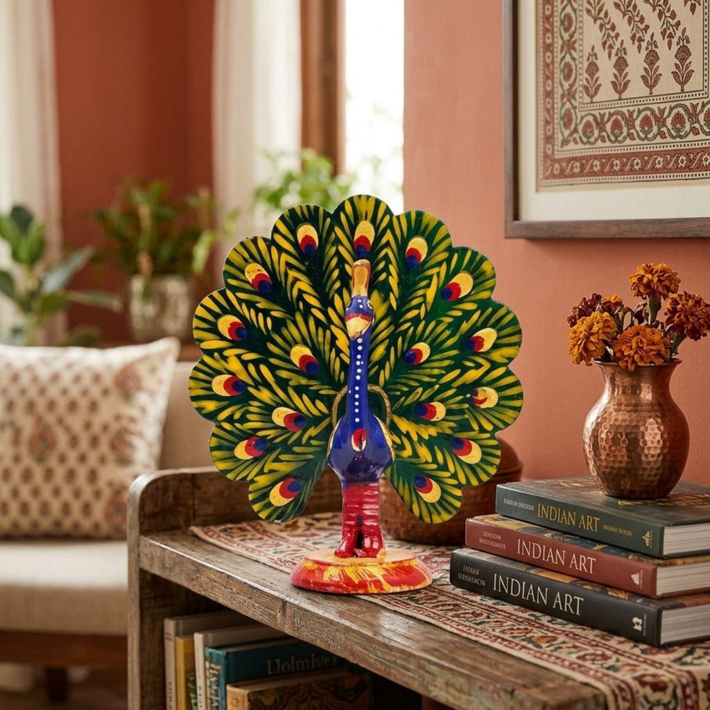 Handcrafted Rajasthani Meenakari Metal Dancing Peacock Showpiece – Colorful Enamel-Painted Traditional Indian Bird Altar Figurine W-119-A