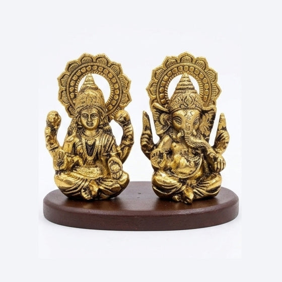 Handcrafted Antique Metal Lakshmi Ganesh Idol Set on Wooden Base – Auspicious Laxmi Ganpati Murti Duo for Home Altar, Office Desk, and Diwali Gifting