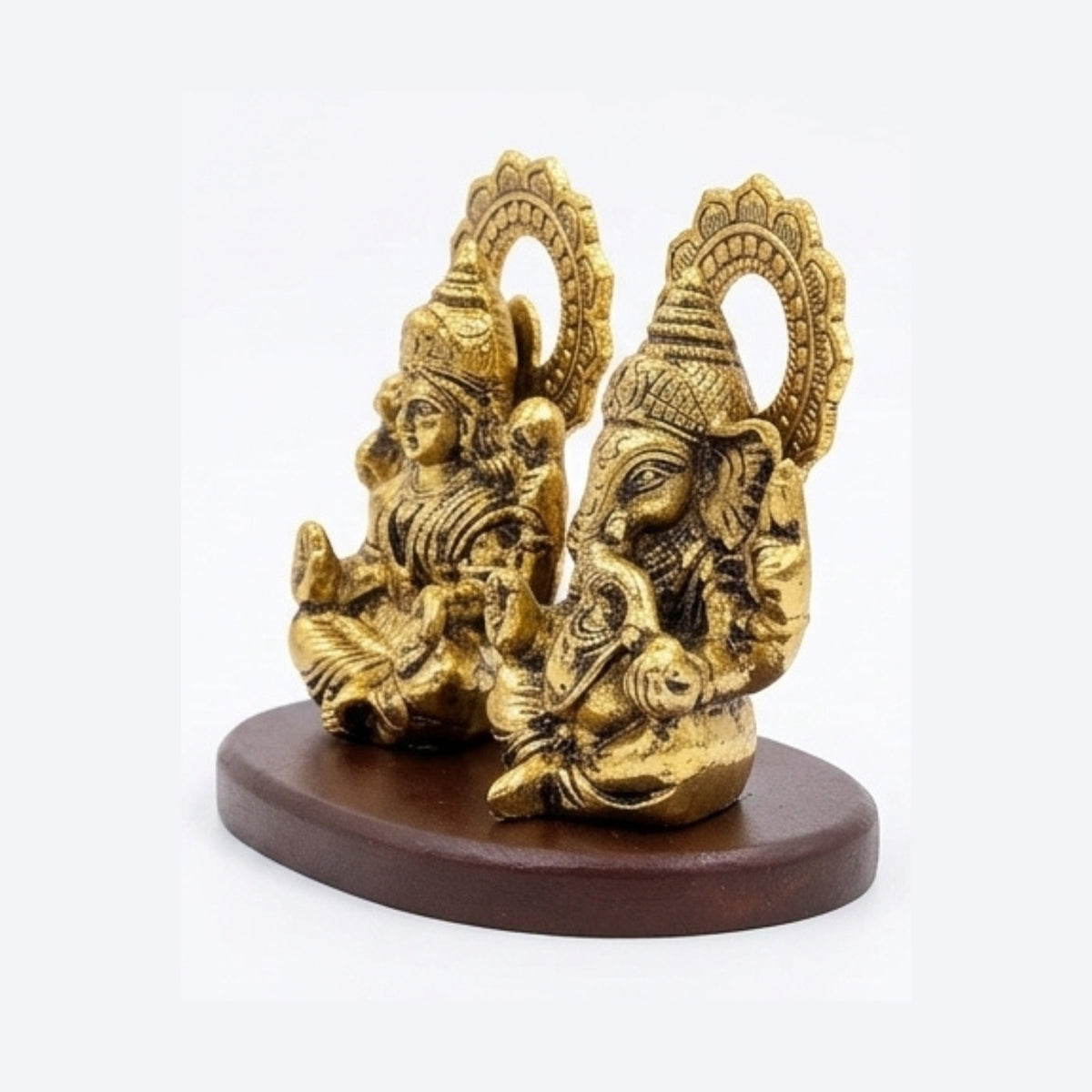 Handcrafted Antique Metal Lakshmi Ganesh Idol Set on Wooden Base – Auspicious Laxmi Ganpati Murti Duo for Home Altar, Office Desk, and Diwali Gifting