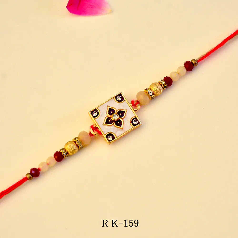 Regal Square Charm Rakhi – RK-159 | Stylish Rakhi with Beads & Enamel Centerpiece for Brother