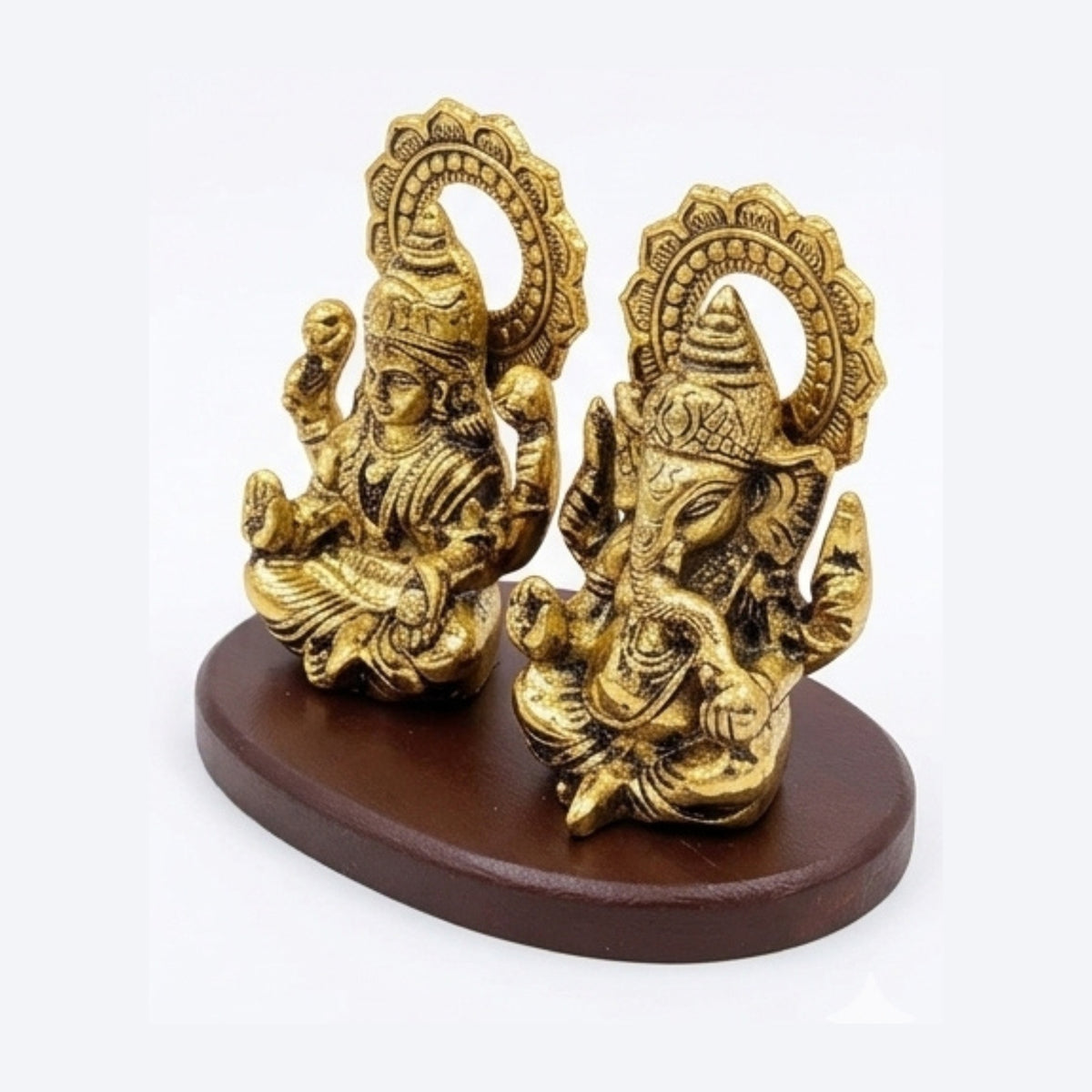 Handcrafted Antique Metal Lakshmi Ganesh Idol Set on Wooden Base – Auspicious Laxmi Ganpati Murti Duo for Home Altar, Office Desk, and Diwali Gifting
