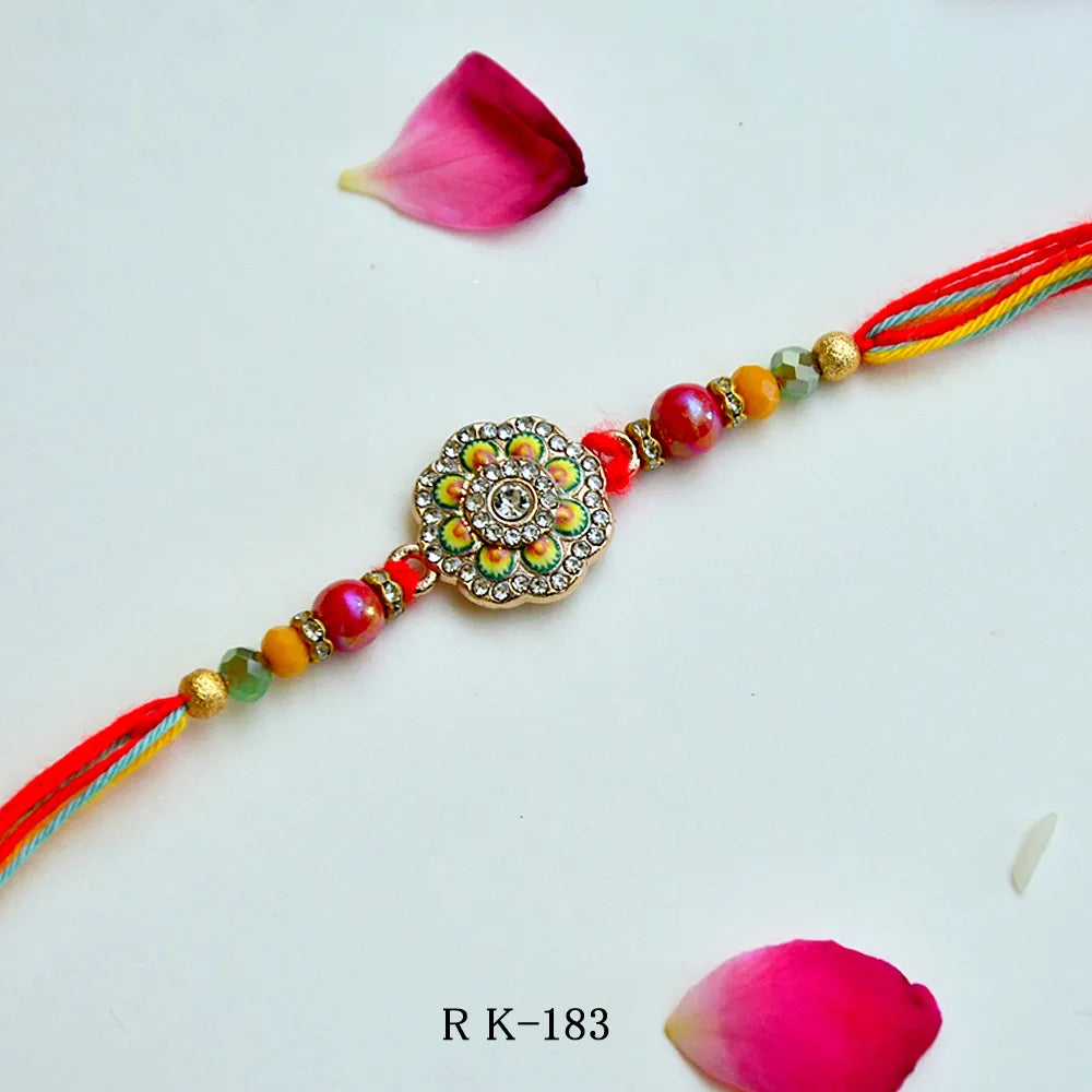 Blossom Shine Rakhi – RK-183 | Floral Crystal Rakhi with Multicolor Beads for Brother
