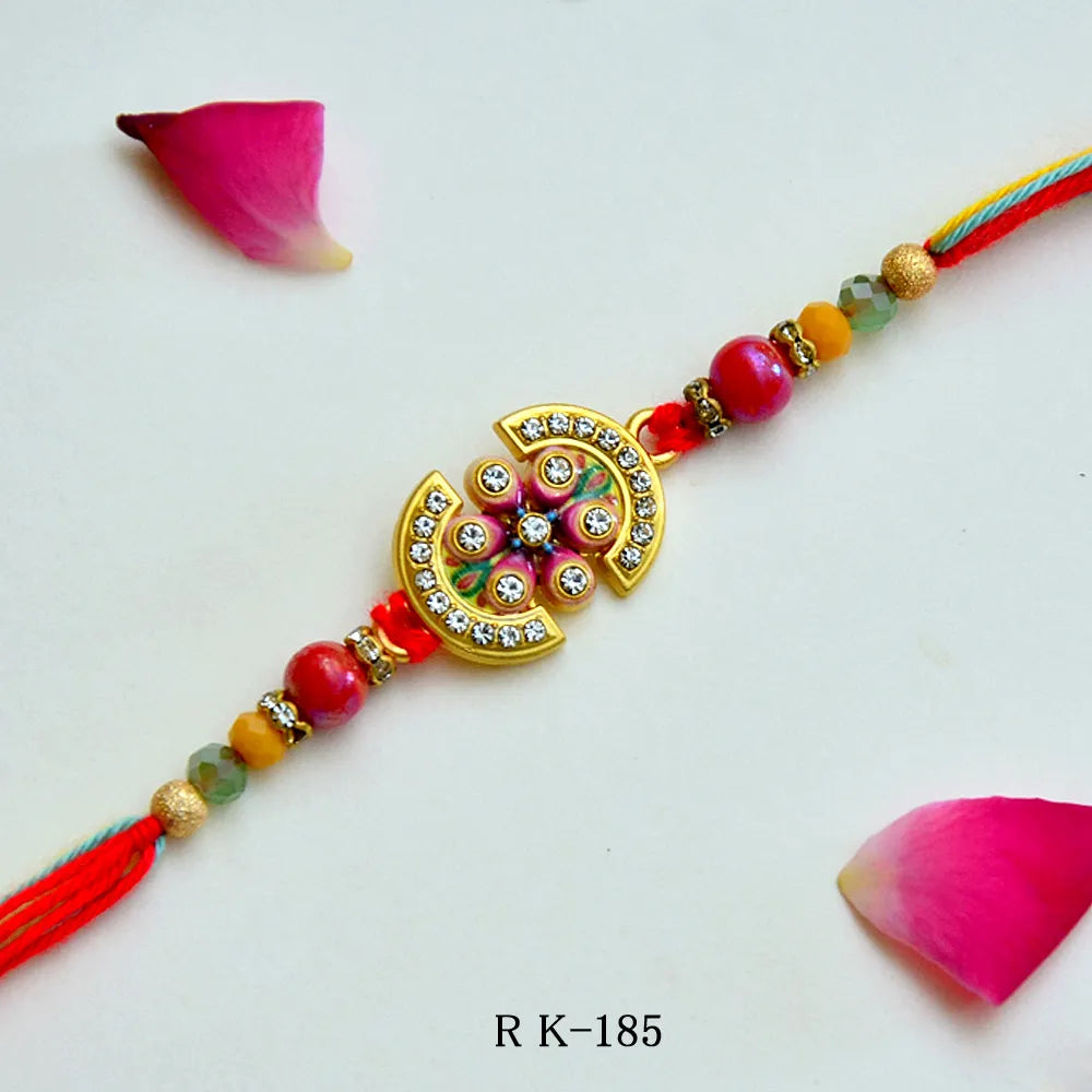 Royal Crescent Rakhi – RK-185 | Designer Half-Moon Rakhi with Stone Embellishments & Beaded Threads for Brother