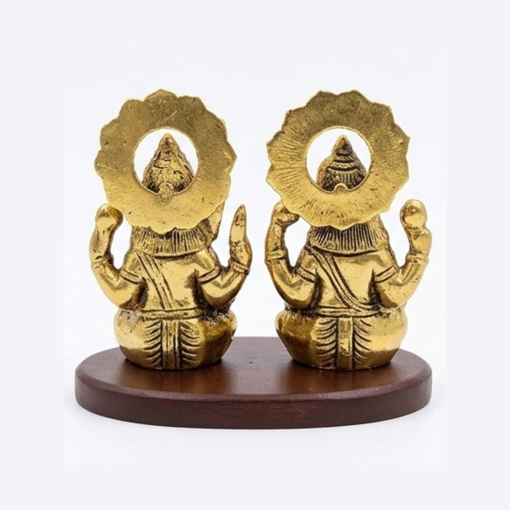 Handcrafted Antique Metal Lakshmi Ganesh Idol Set on Wooden Base – Auspicious Laxmi Ganpati Murti Duo for Home Altar, Office Desk, and Diwali Gifting