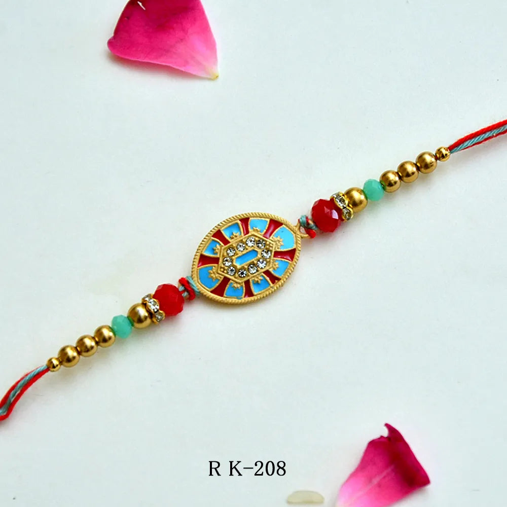 Royal Shield Rakhi – RK-208 | Elegant Rakhi with Red & Blue Enamel Centre and Golden Beads