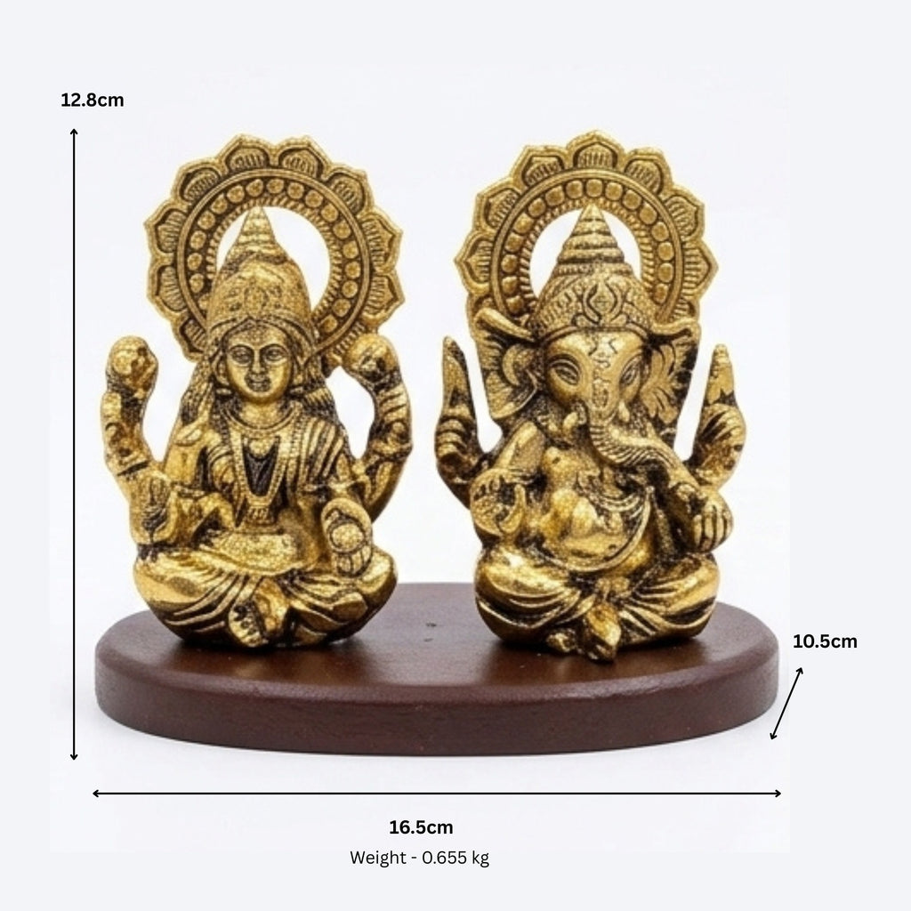 Handcrafted Antique Metal Lakshmi Ganesh Idol Set on Wooden Base – Auspicious Laxmi Ganpati Murti Duo for Home Altar, Office Desk, and Diwali Gifting
