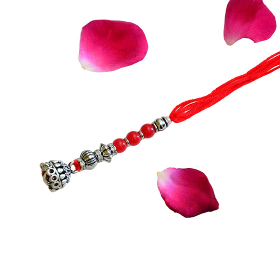 Silver-Tone Elegant Lumba Rakhi with Red Beads - RK-289
