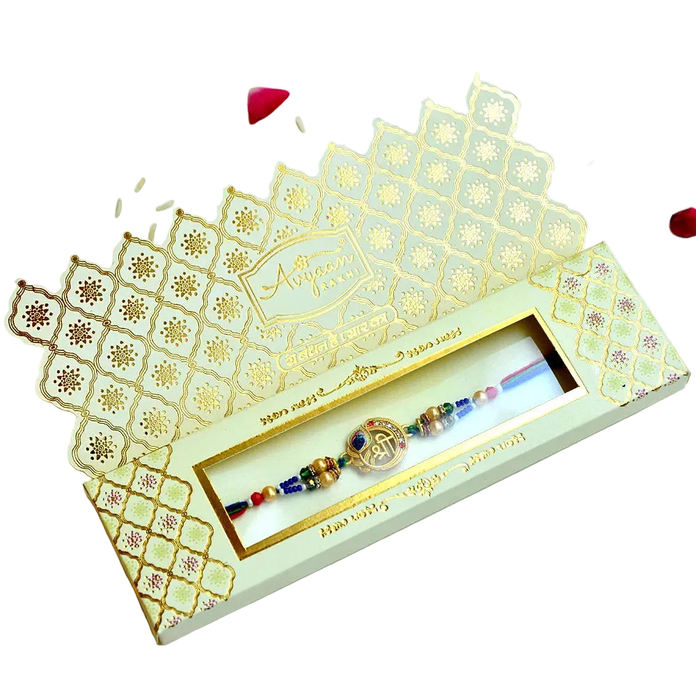 Craftearth Premium Rakhi Gift Combo | Designer "Shree" Rakhi with Silver-Plated Kamdhenu Cow & Roli-Chawal Set RC-17