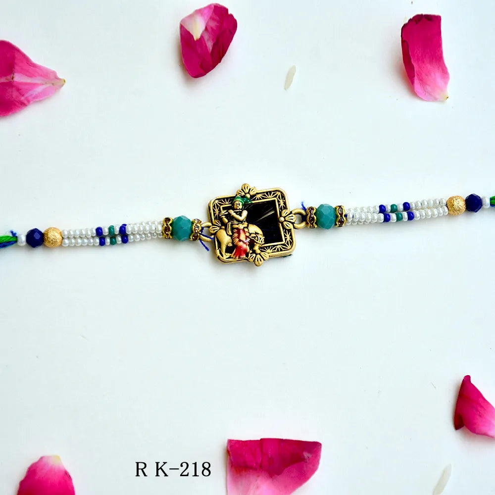 Handcrafted Krishna Rakhi – RK-218 | Divine Beaded Rakhi for Brother