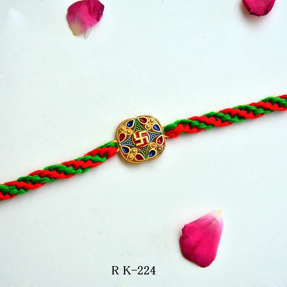 Swastik Traditional Rakhi – RK-224 | Handcrafted Rakhi with Red-Green Braided Thread
