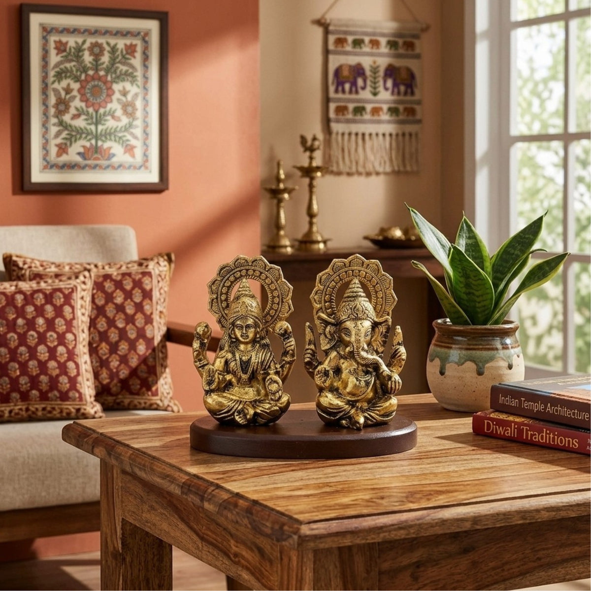 Handcrafted Antique Metal Lakshmi Ganesh Idol Set on Wooden Base – Auspicious Laxmi Ganpati Murti Duo for Home Altar, Office Desk, and Diwali Gifting