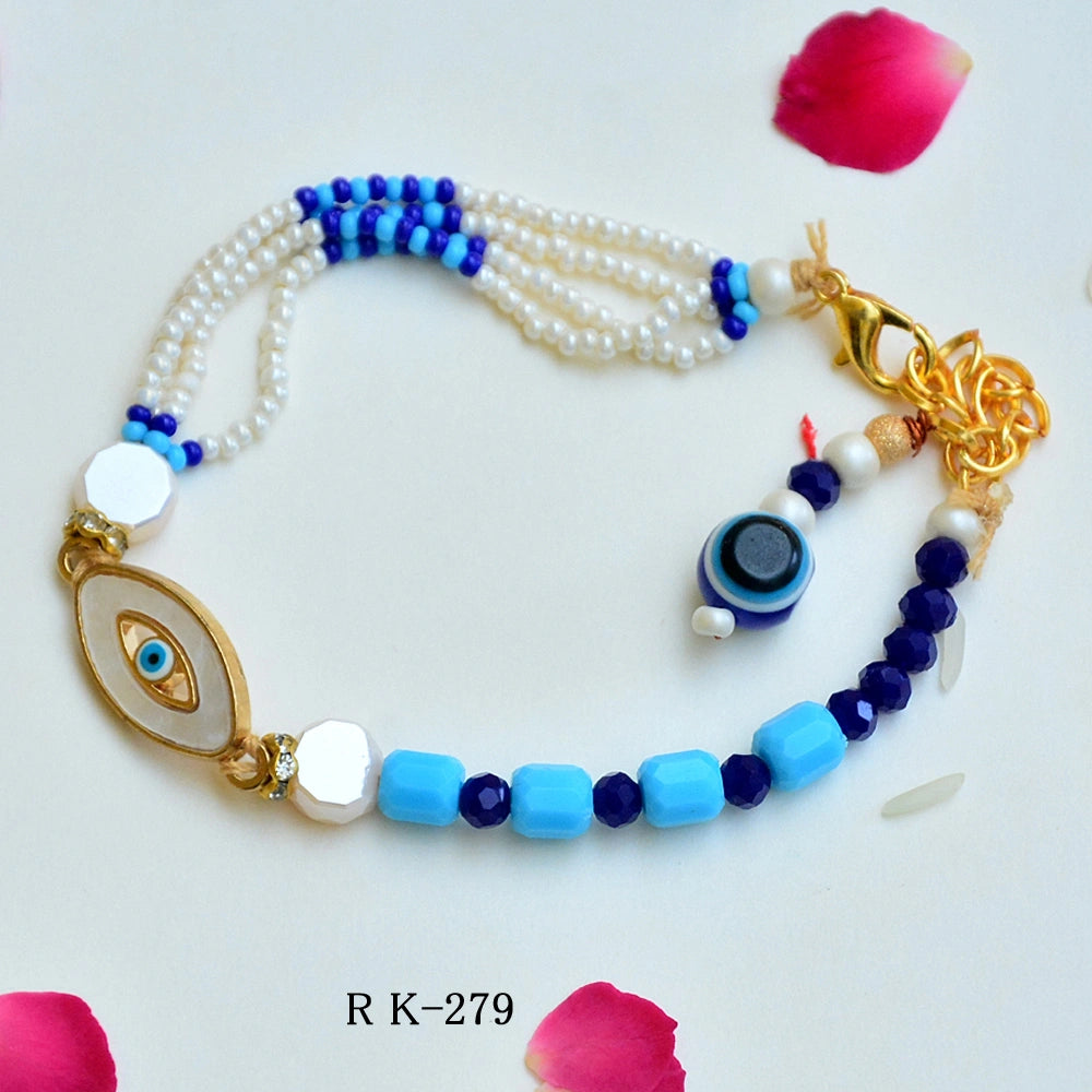 Evil Eye Charm Rakhi Bracelet with Beaded Pearls