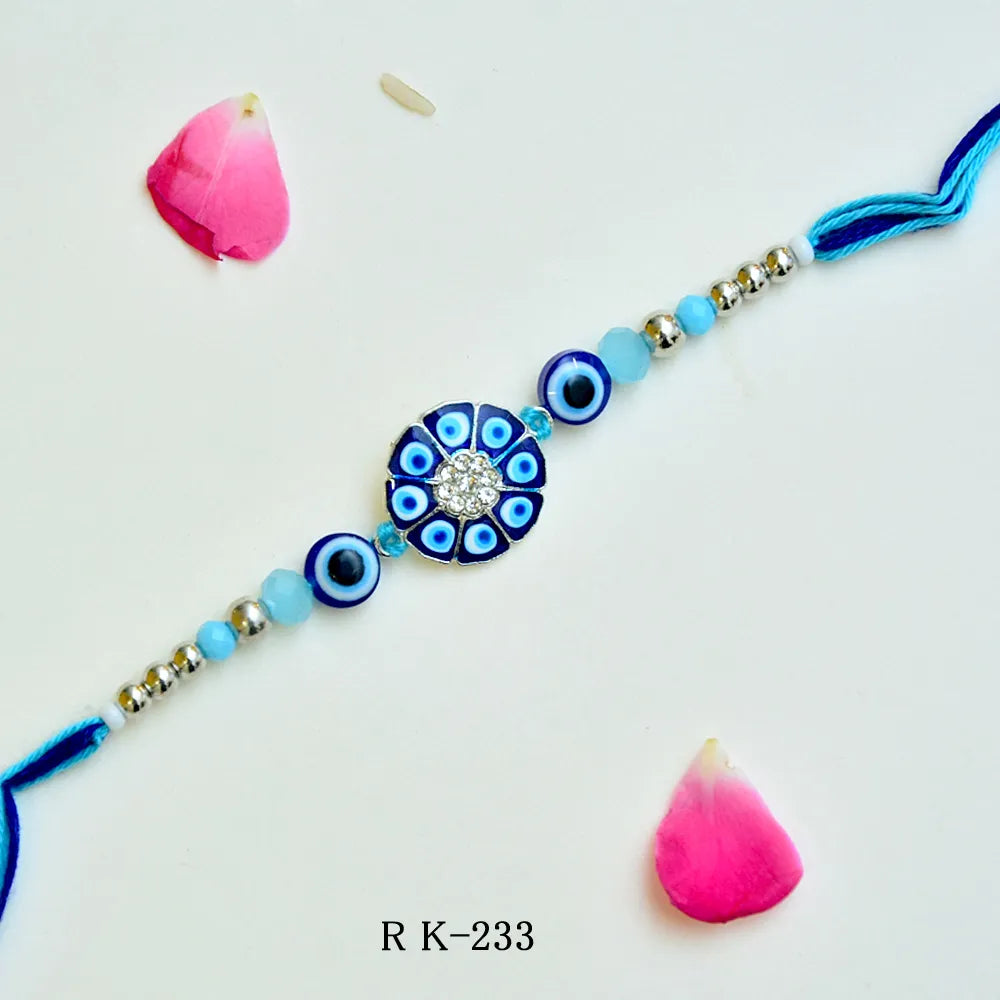 Premium Evil Eye Rakhi – RK-233 | Blue Crystal Design with Anti-Nazar Beads