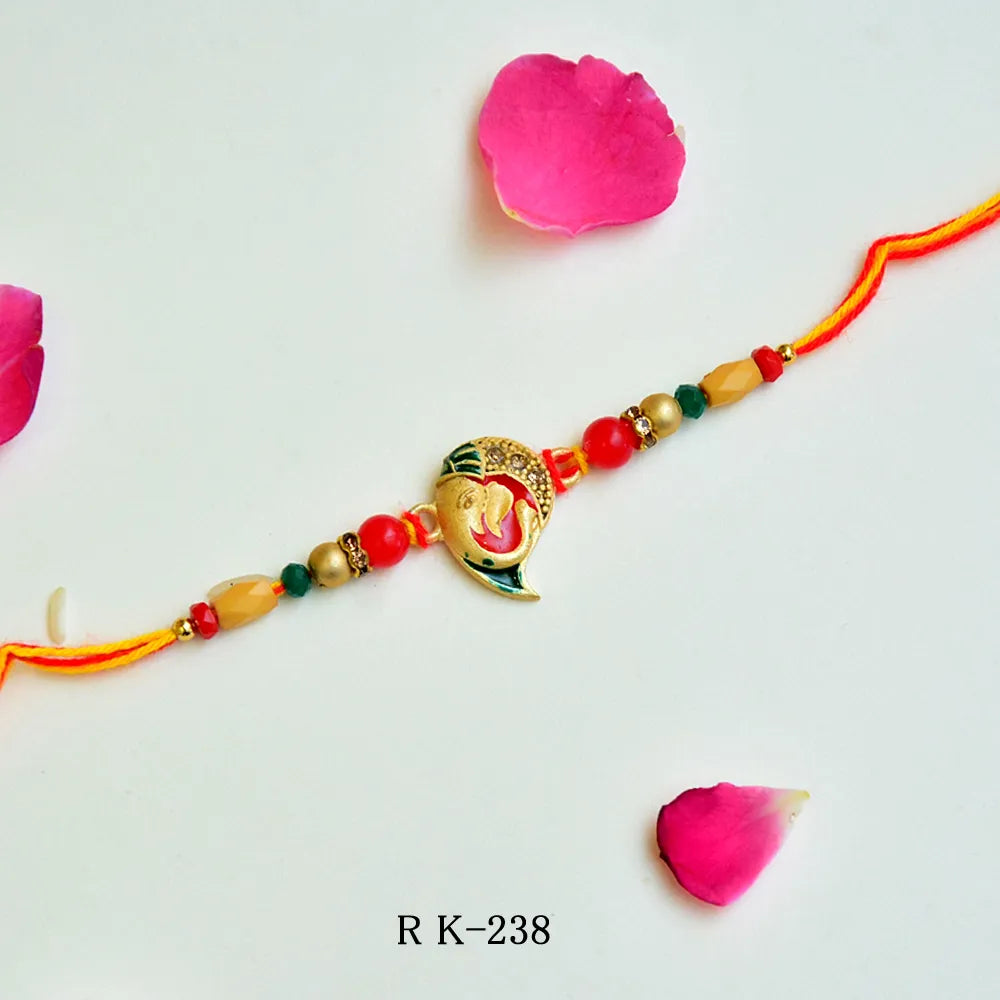 Traditional Ganesha Rakhi – RK-238 | Antique Finish Pendant with Multicolor Beads & Dual Thread