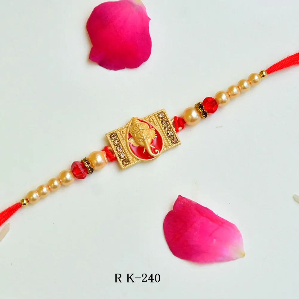 Divine Ganesha Rakhi – RK-240 | Golden Ganesha Center with Pearl Beads & Red Accents