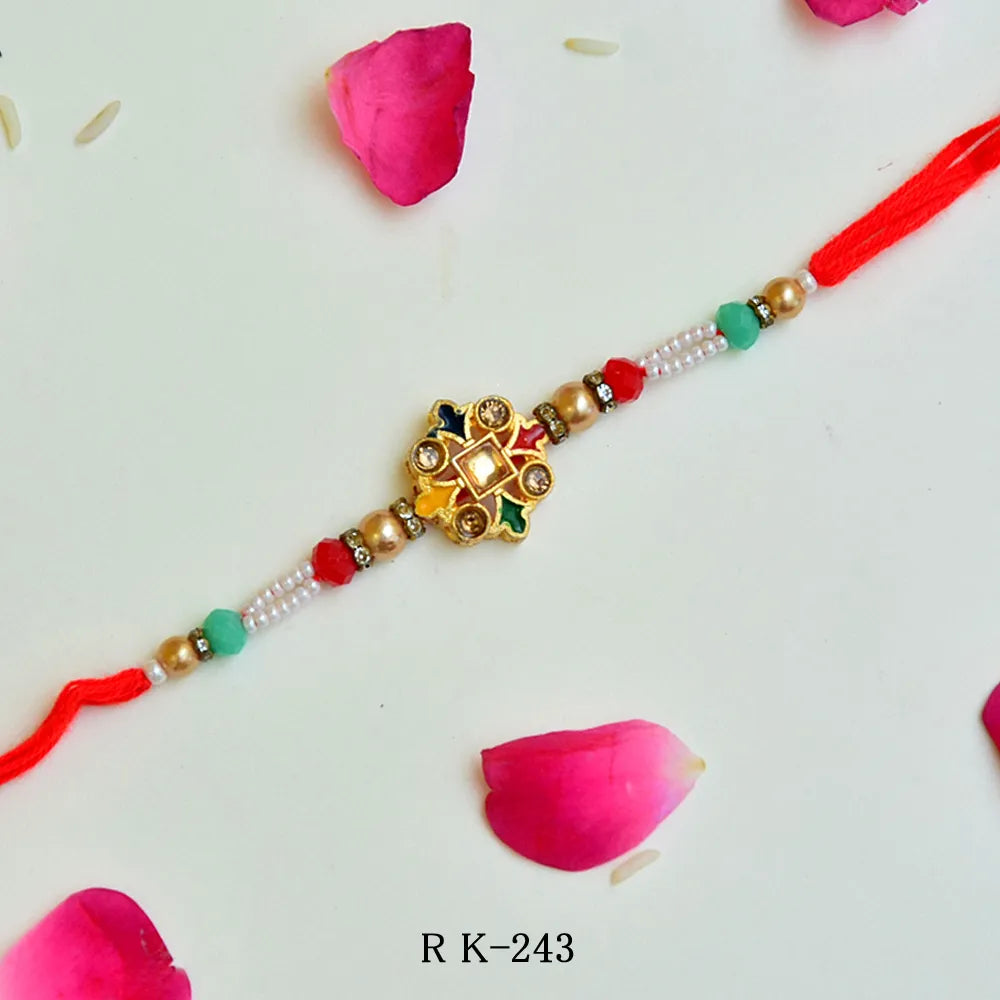 Premium Multicolor Rakhi – RK-243 | Elegant Stone-Studded Rakhi with Pearl Beads & Enamel Charm