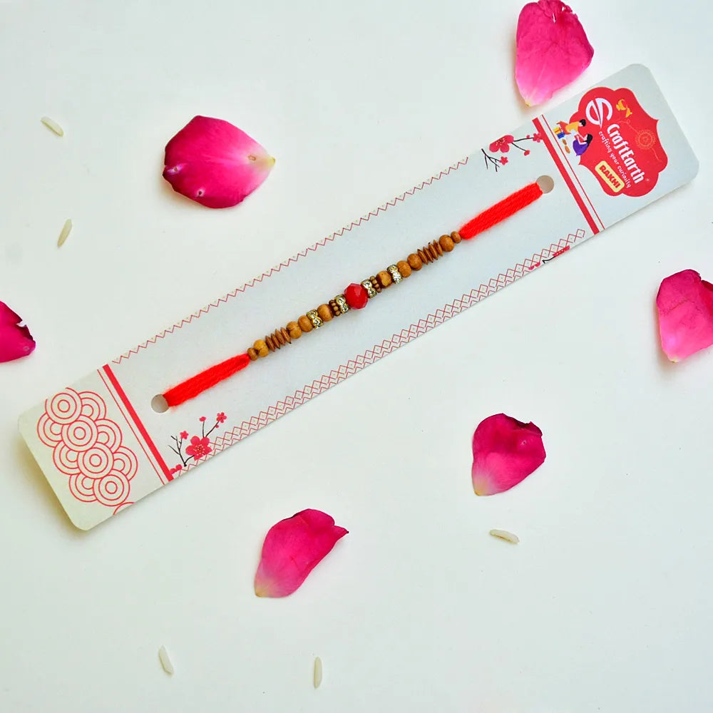 Traditional Wooden Beads Rakhi with Red Crystal Accent (Set of 12) - RK-250