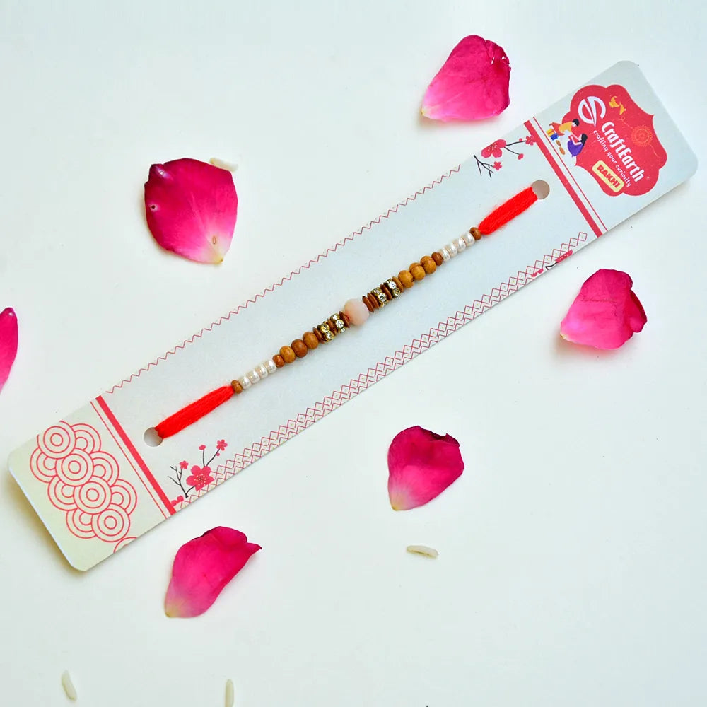 Elegant Wooden & Pearl Beads Rakhi with Soft Pink Centerpiece (Set of 12) - RK-251
