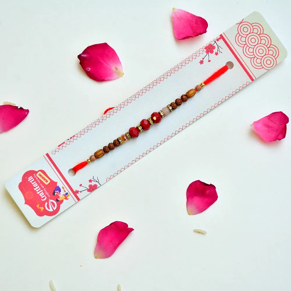 Traditional Rudraksha Rakhi with Red Crystal Beads & Golden Spacers (Set of 12) - RK-252