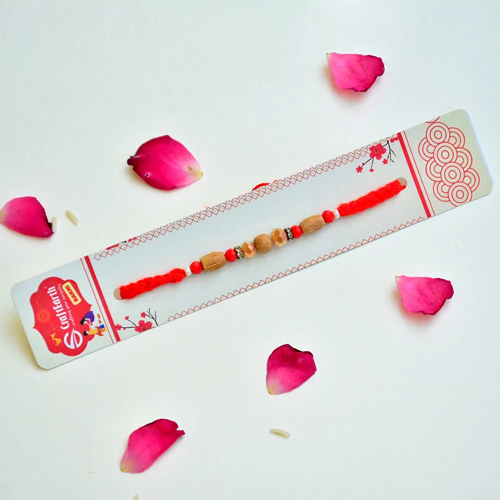 RK-255 | Elegant Wooden Bead Rakhi with Red Accents on Braided Thread (Set of 12)