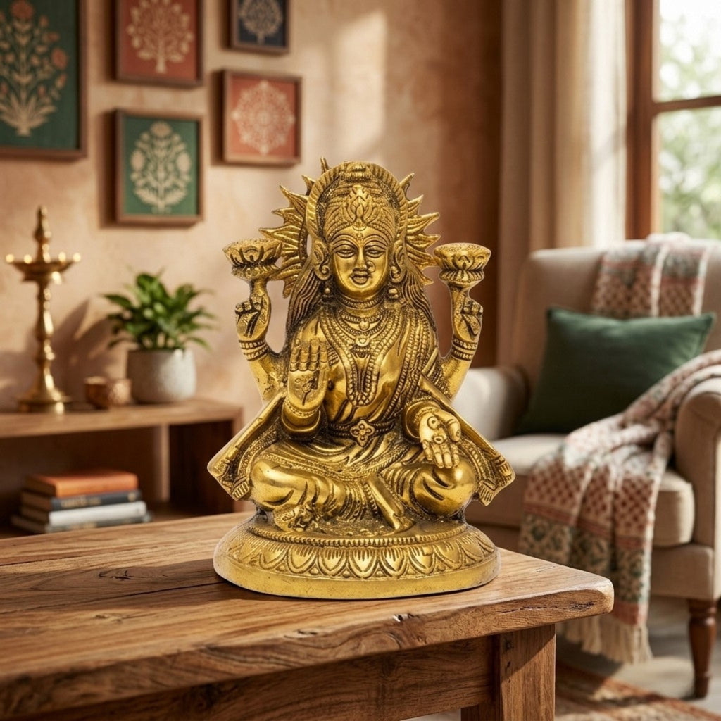 Handcrafted Premium Metal Goddess Lakshmi Idol – Traditional Sitting Laxmi Murti with Lotus & Abhaya Mudra for Home Mandir Altar, Pooja, and Auspicious Gifting