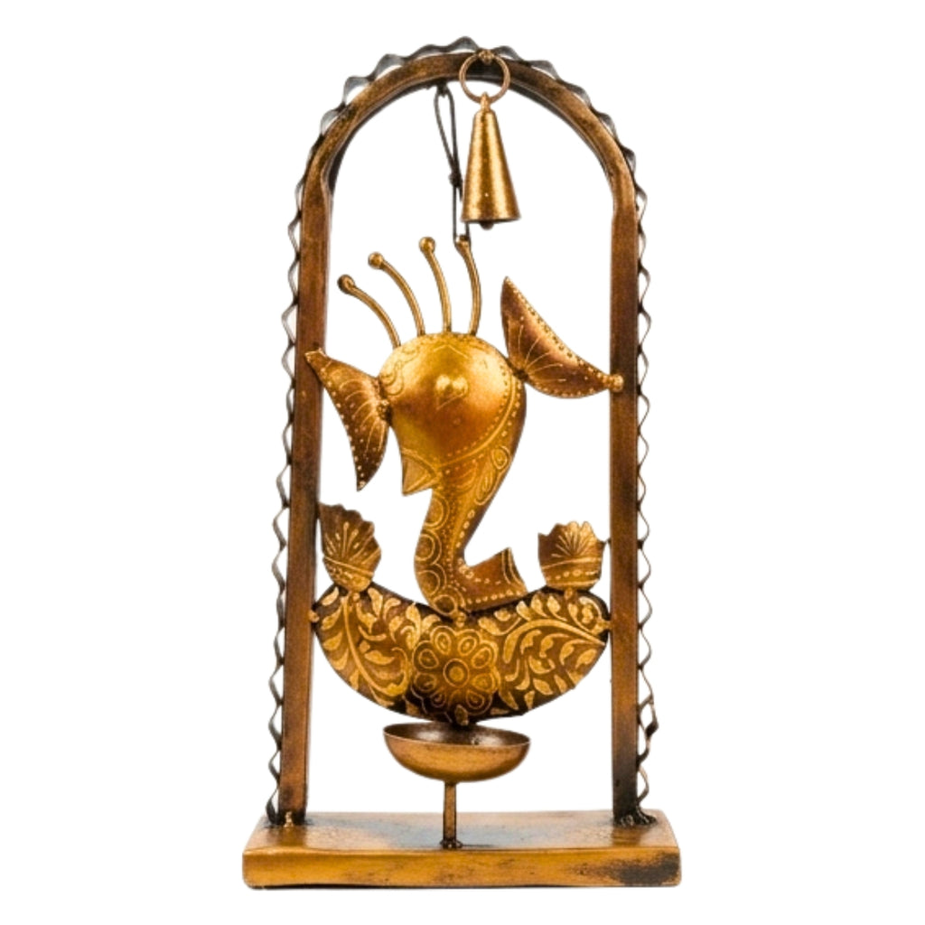 Handcrafted Wrought Iron Ganesha Figurine in Arch Frame – Traditional Antique Gold Metal Lord Ganesha Showpiece with Hanging Bell and Diya / T-Light Holder for Home Temple I-186-A