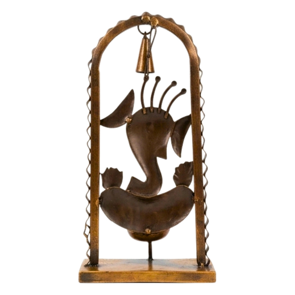 Handcrafted Wrought Iron Ganesha Figurine in Arch Frame – Traditional Antique Gold Metal Lord Ganesha Showpiece with Hanging Bell and Diya / T-Light Holder for Home Temple I-186-A