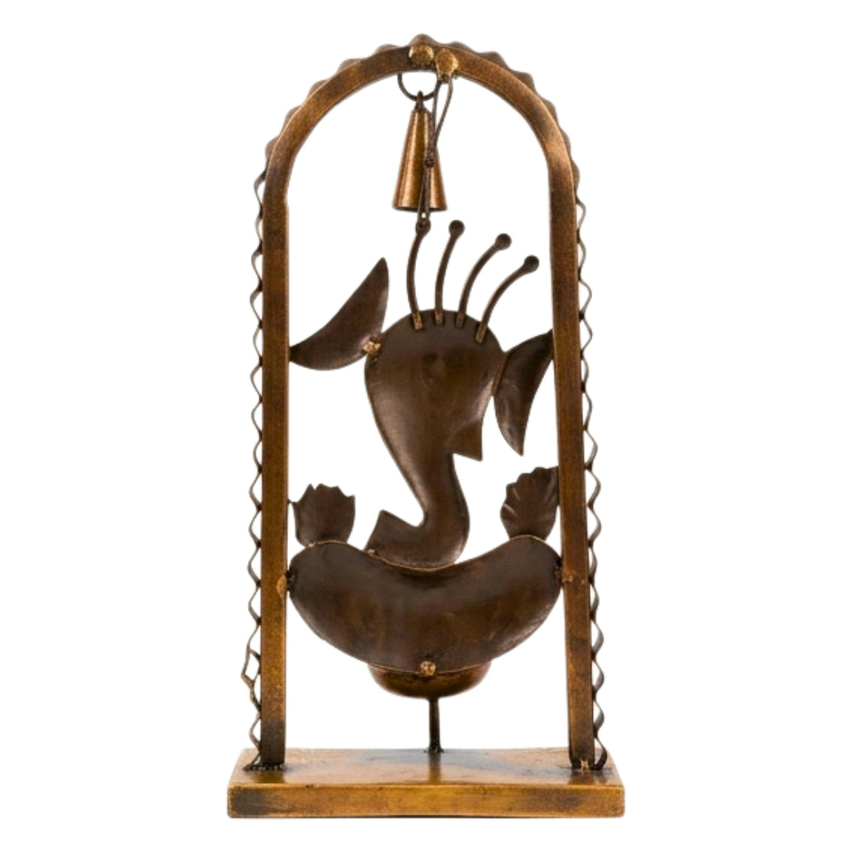 Handcrafted Wrought Iron Ganesha Figurine in Arch Frame – Traditional Antique Gold Metal Lord Ganesha Showpiece with Hanging Bell and Diya / T-Light Holder for Home Temple I-186-A
