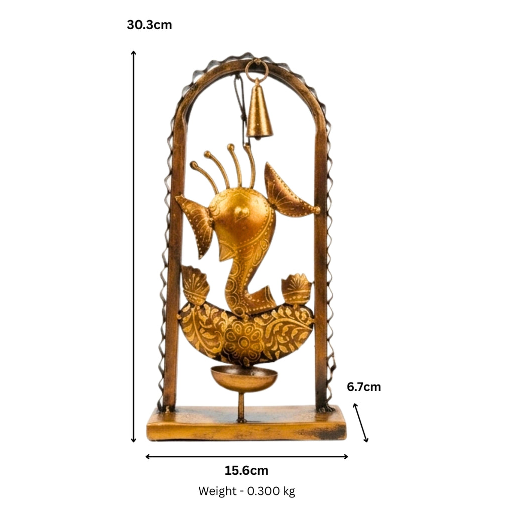 Handcrafted Wrought Iron Ganesha Figurine in Arch Frame – Traditional Antique Gold Metal Lord Ganesha Showpiece with Hanging Bell and Diya / T-Light Holder for Home Temple I-186-A