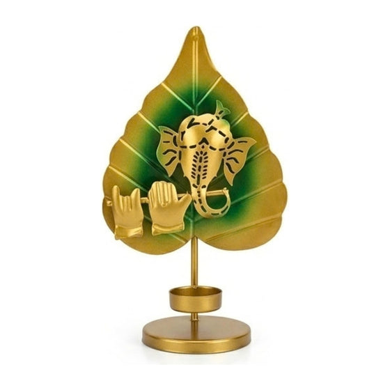 Golden Metal Ganesha Leaf Figurine with Flute and T-Light Holder I-203-A