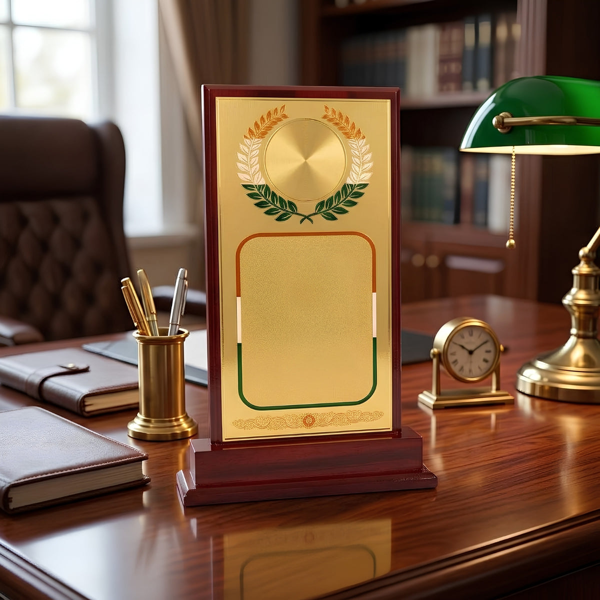 Elegant Multi-Size Wooden Recognition Shield Trophy with Circular Laurel Emblem M-24