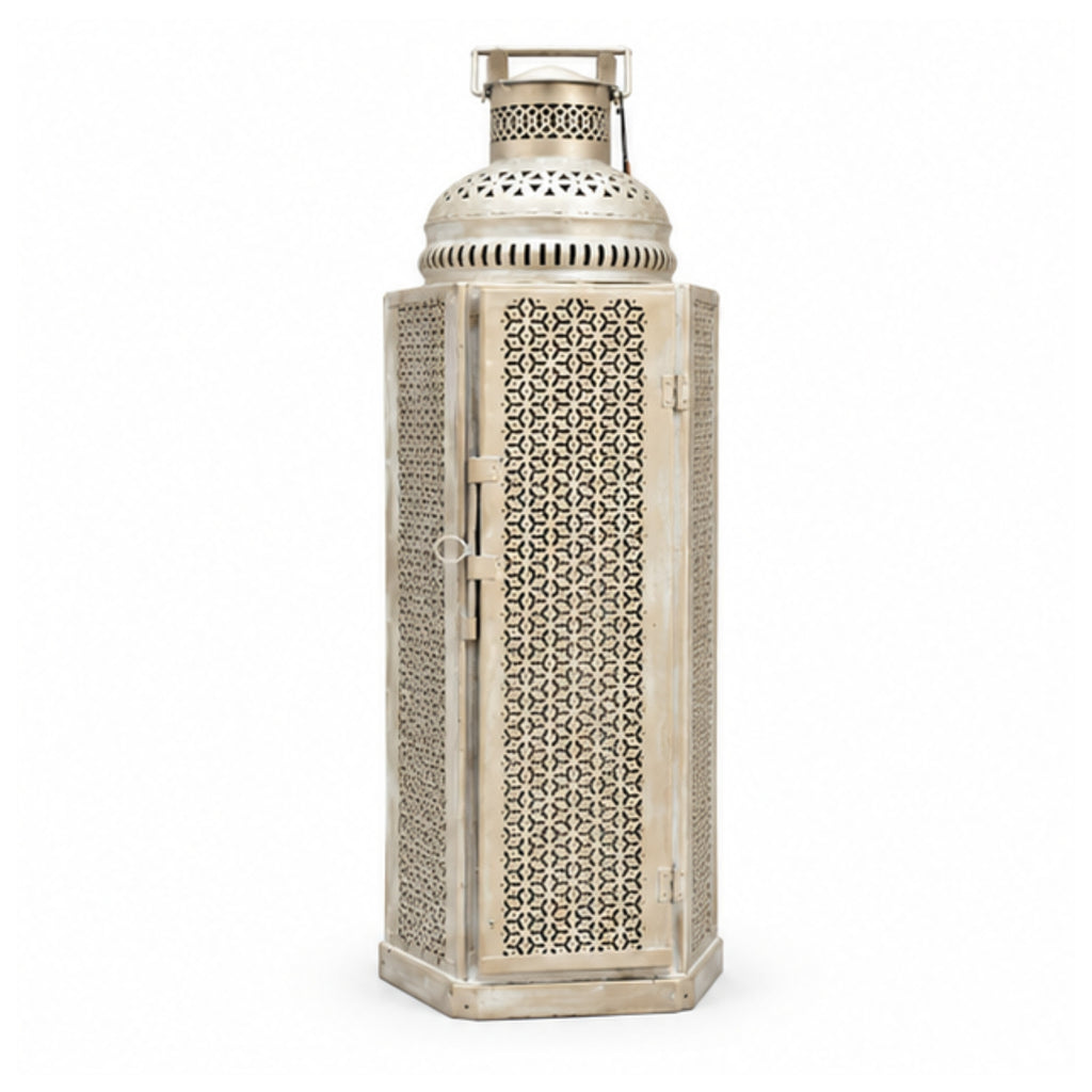 Oversized Exotic Cutout Metal Lantern – Distressed White Moroccan Tower Candle Holder with Hinged Door I-81-A