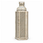 Oversized Exotic Cutout Metal Lantern – Distressed White Moroccan Tower Candle Holder with Hinged Door I-81-A