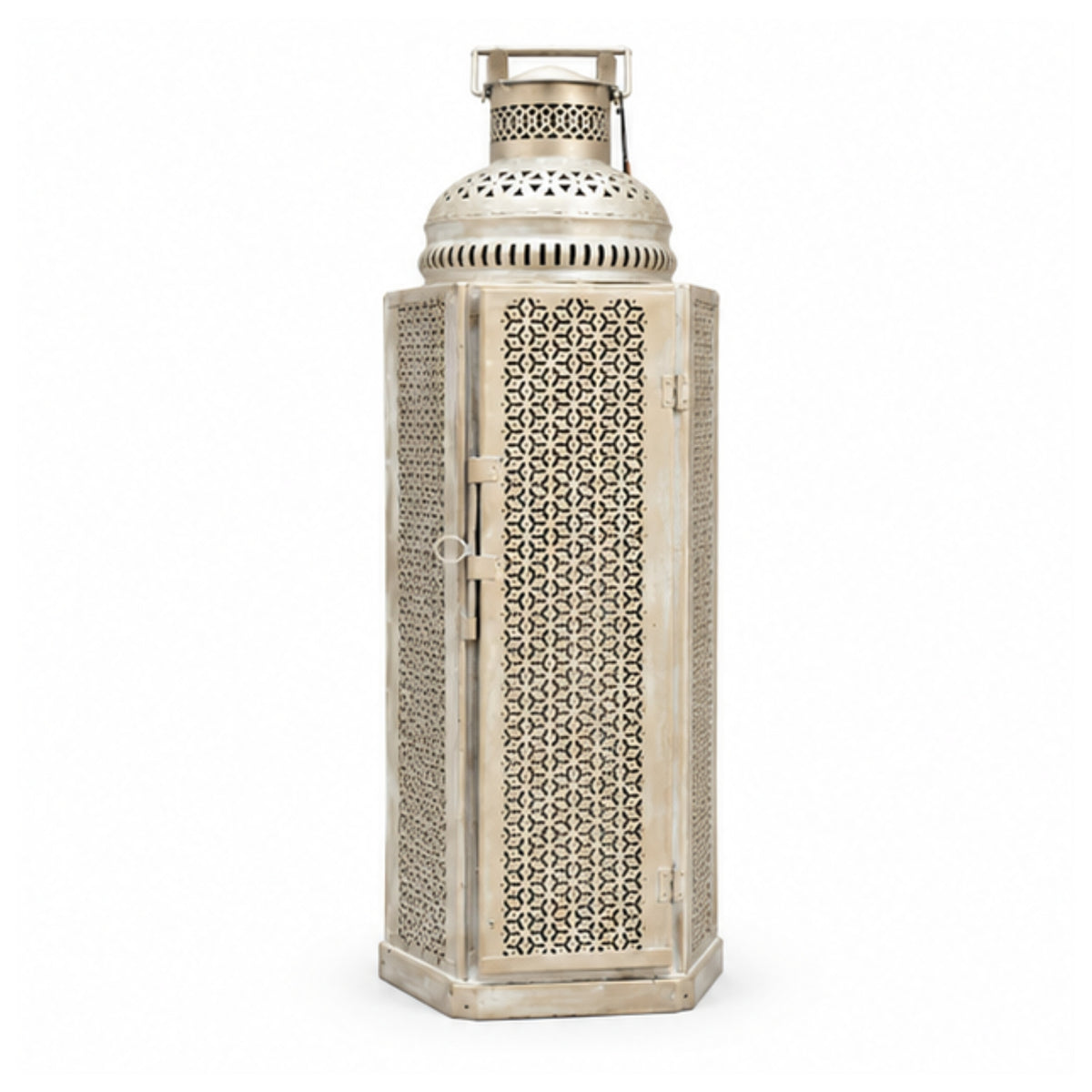 Oversized Exotic Cutout Metal Lantern – Distressed White Moroccan Tower Candle Holder with Hinged Door I-81-A