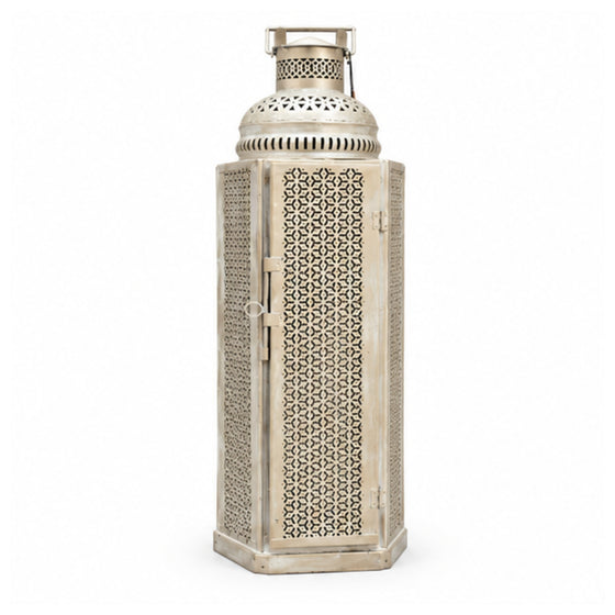 Oversized Exotic Cutout Metal Lantern – Distressed White Moroccan Tower Candle Holder with Hinged Door I-81-A
