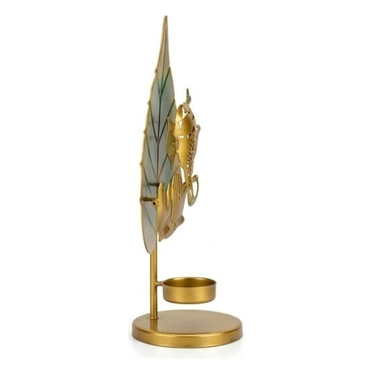 Golden Metal Ganesha Leaf Figurine with Flute and T-Light Holder I-203-A
