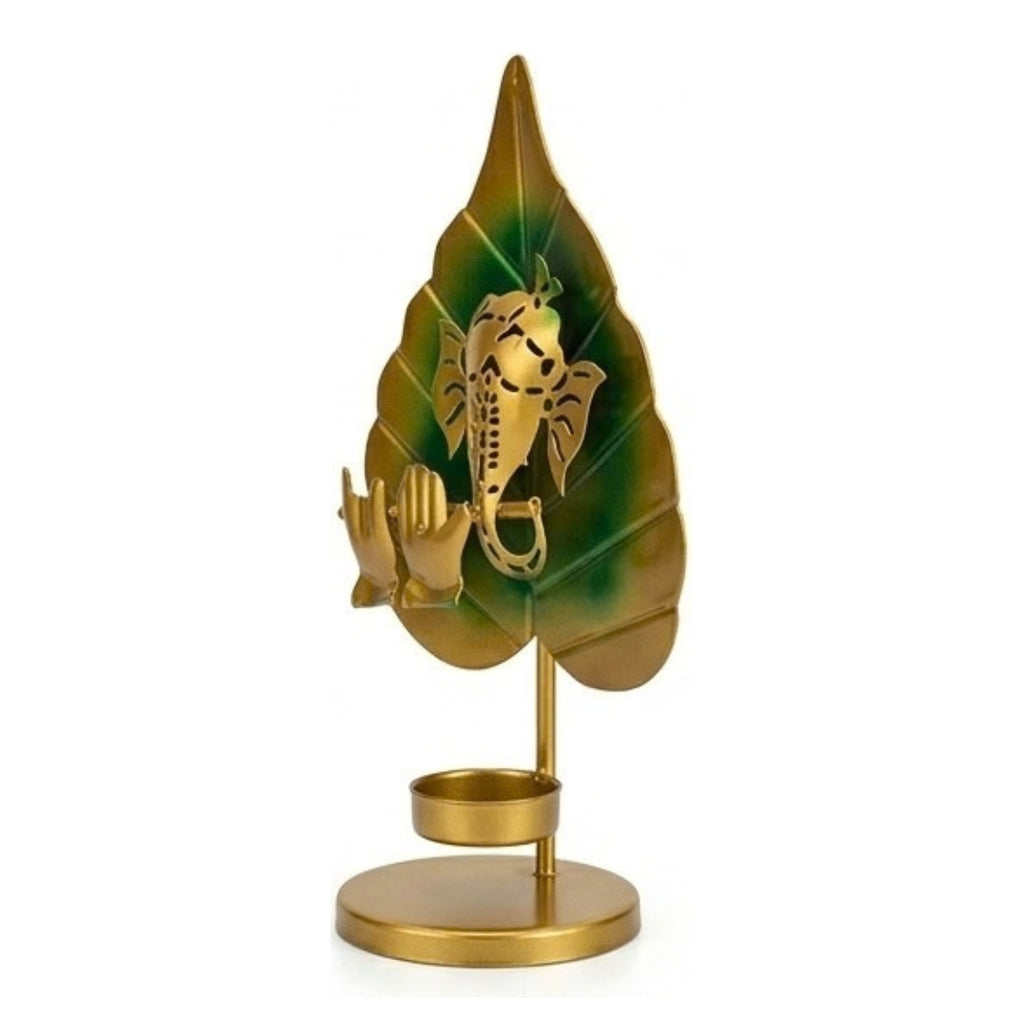 Golden Metal Ganesha Leaf Figurine with Flute and T-Light Holder I-203-A
