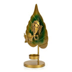 Golden Metal Ganesha Leaf Figurine with Flute and T-Light Holder I-203-A