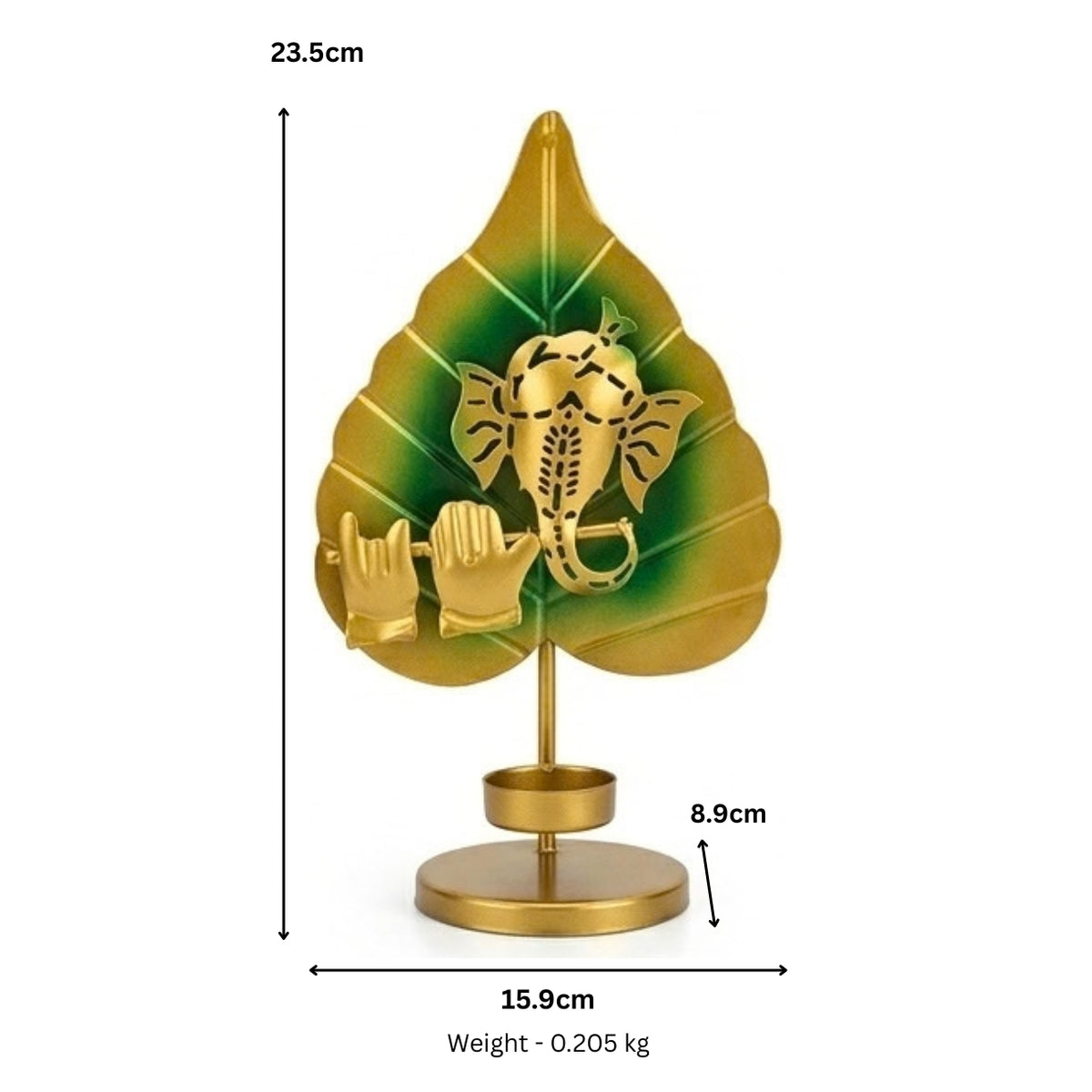 Golden Metal Ganesha Leaf Figurine with Flute and T-Light Holder I-203-A