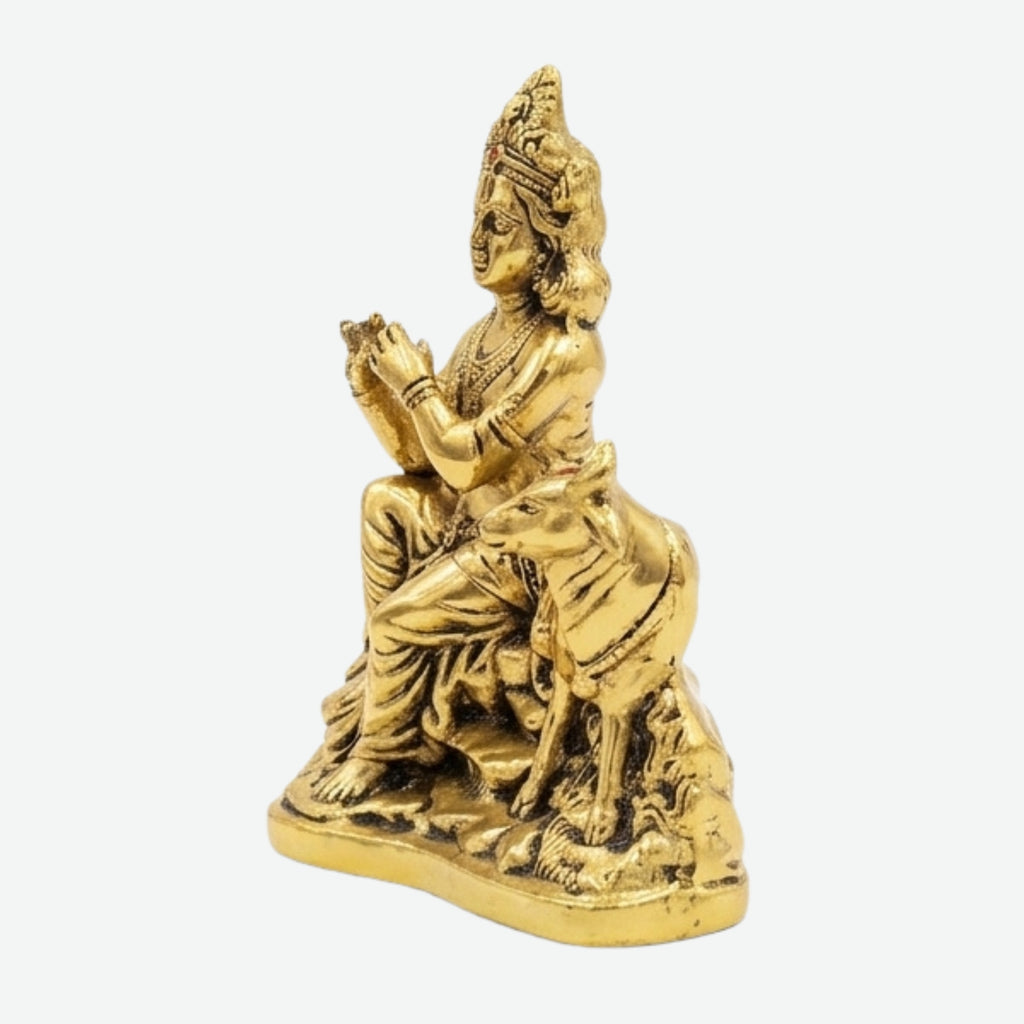 Metal Lord Krishna Statue – Golden Murlidhar Idol with Kamdhenu Cow W-187-A