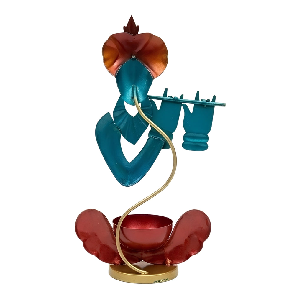 Handcrafted Rajasthani Iron Lord Krishna Figurine with Flute – Traditional Indian Wrought Iron Krishna Idol Showpiece with Tealight Candle Holder for Home Decor I-211-A