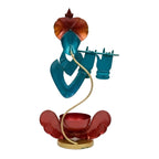 Handcrafted Rajasthani Iron Lord Krishna Figurine with Flute – Traditional Indian Wrought Iron Krishna Idol Showpiece with Tealight Candle Holder for Home Decor I-211-A