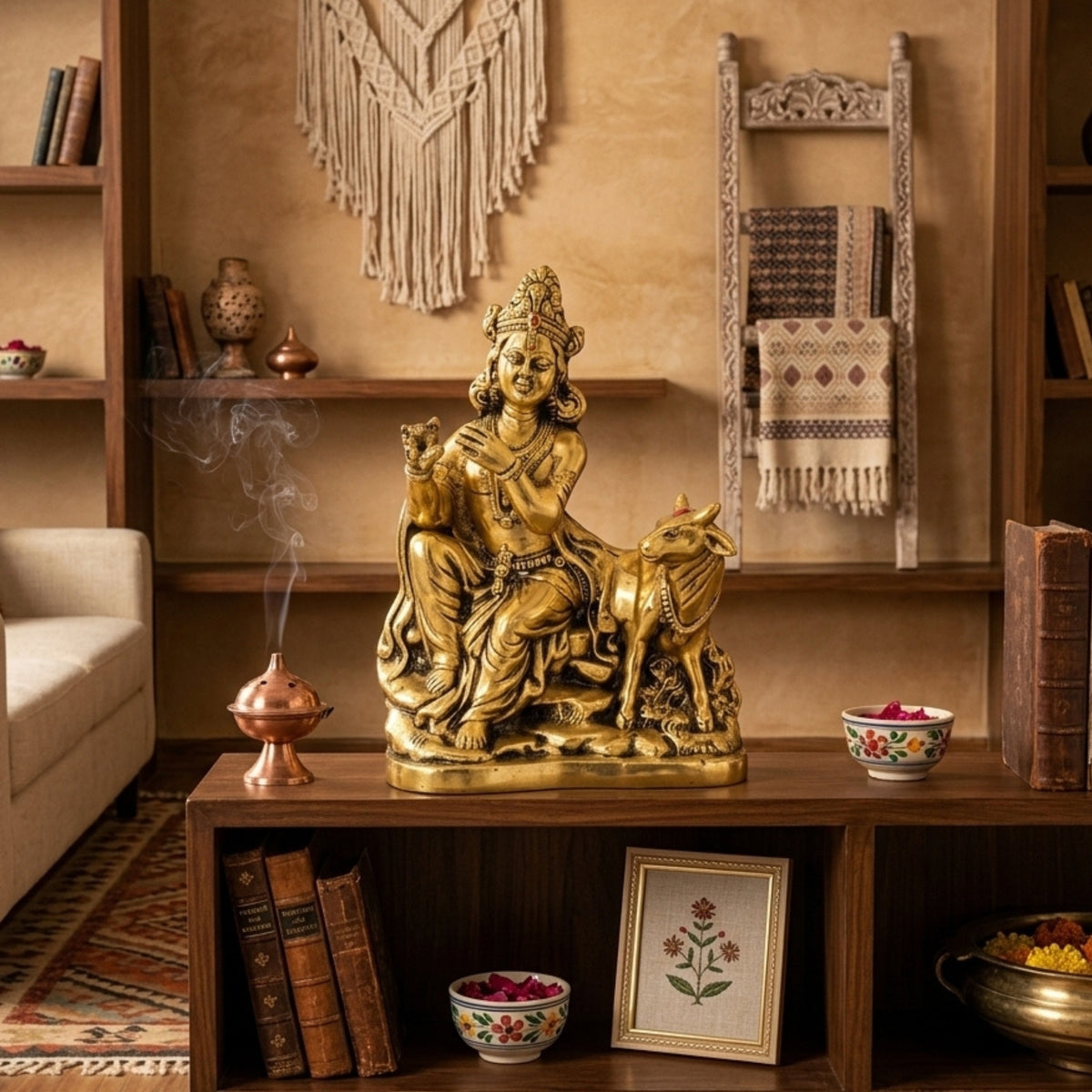 Metal Lord Krishna Statue – Golden Murlidhar Idol with Kamdhenu Cow W-187-A