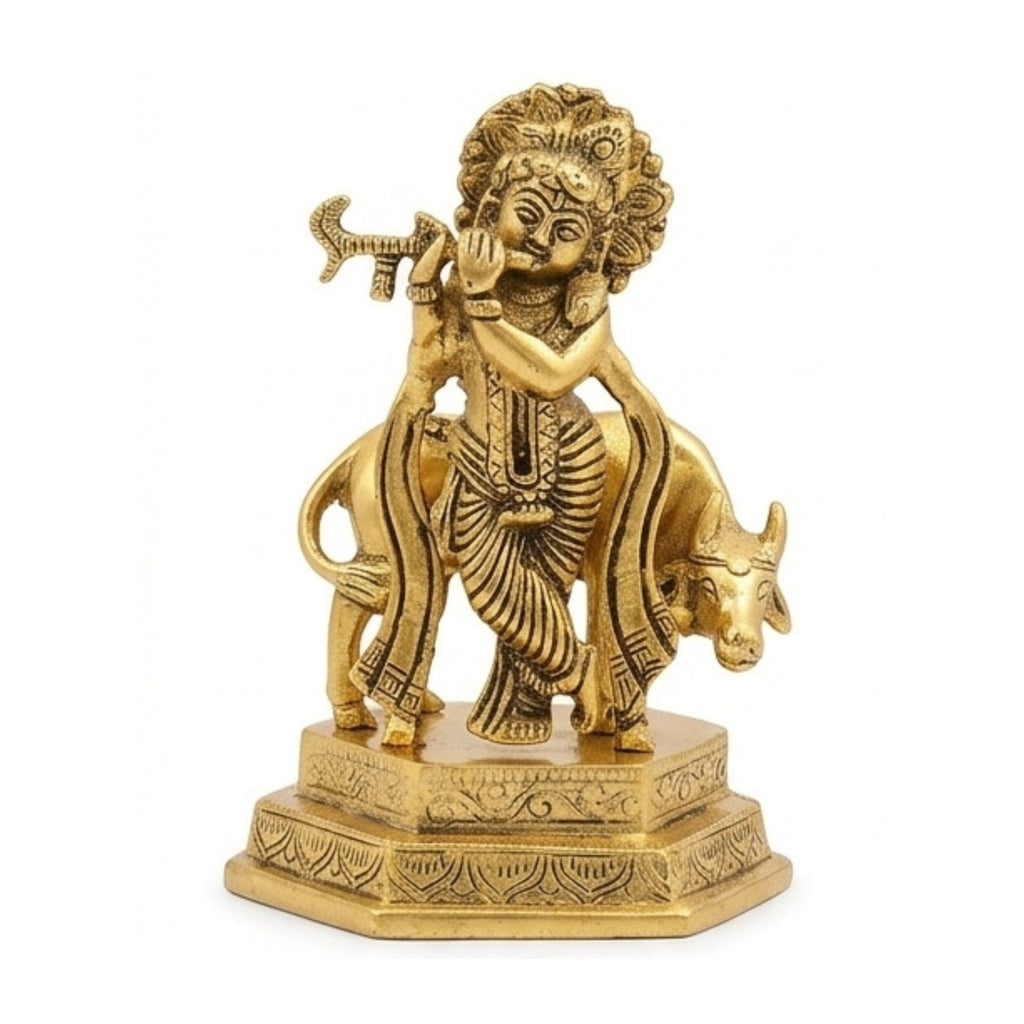 Handcrafted Metal Lord Krishna with Cow Idol – Divine Flute Player (Murali Gopal) Metallic Showpiece for Home Altar, Mandir, & Gifting W-188-A