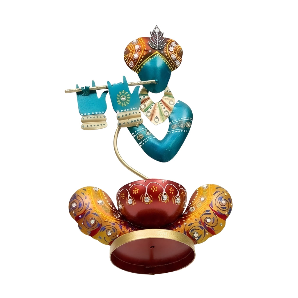 Handcrafted Rajasthani Iron Lord Krishna Figurine with Flute – Traditional Indian Wrought Iron Krishna Idol Showpiece with Tealight Candle Holder for Home Decor I-211-A