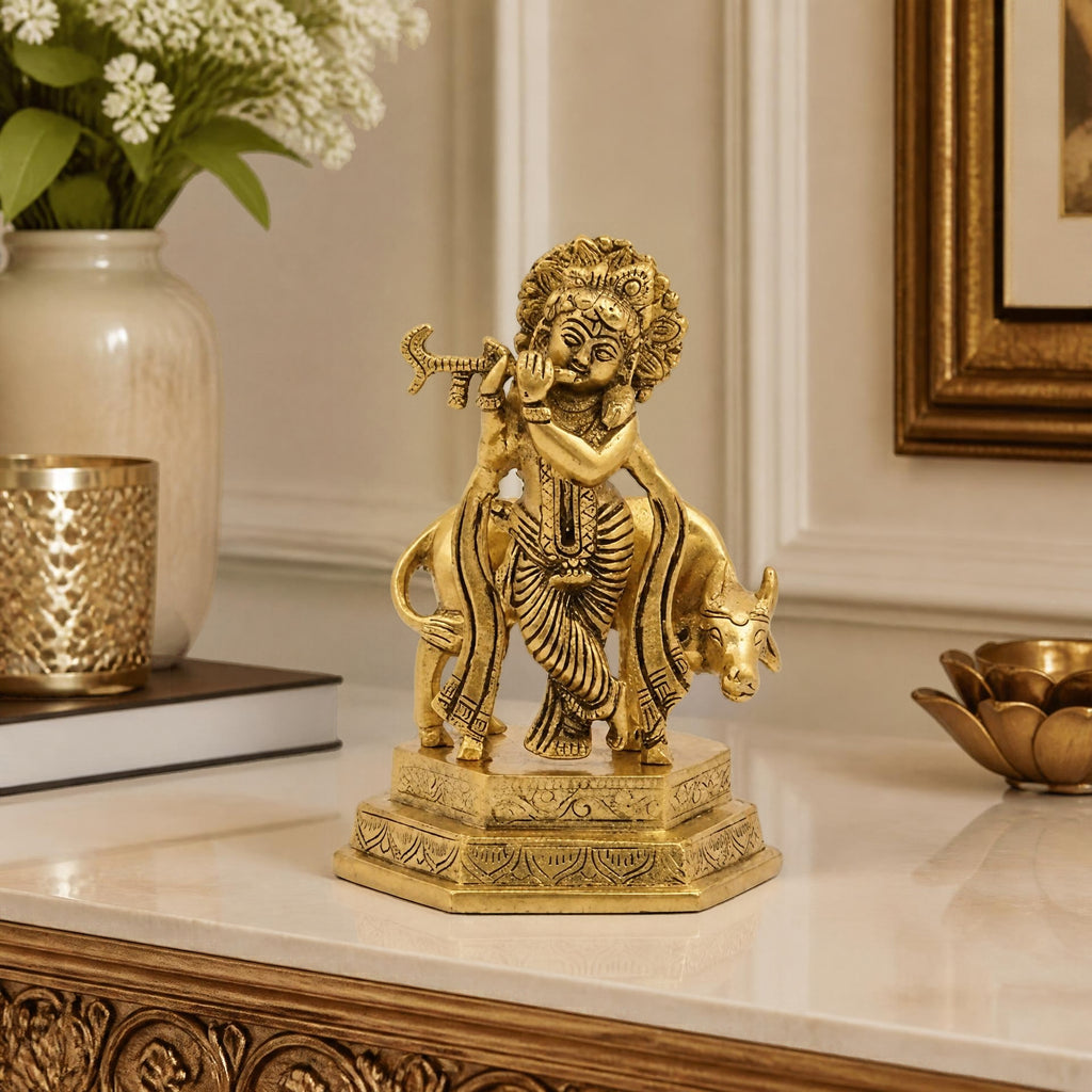 Handcrafted Metal Lord Krishna with Cow Idol – Divine Flute Player (Murali Gopal) Metallic Showpiece for Home Altar, Mandir, & Gifting W-188-A