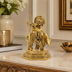 Handcrafted Metal Lord Krishna with Cow Idol – Divine Flute Player (Murali Gopal) Metallic Showpiece for Home Altar, Mandir, & Gifting W-188-A