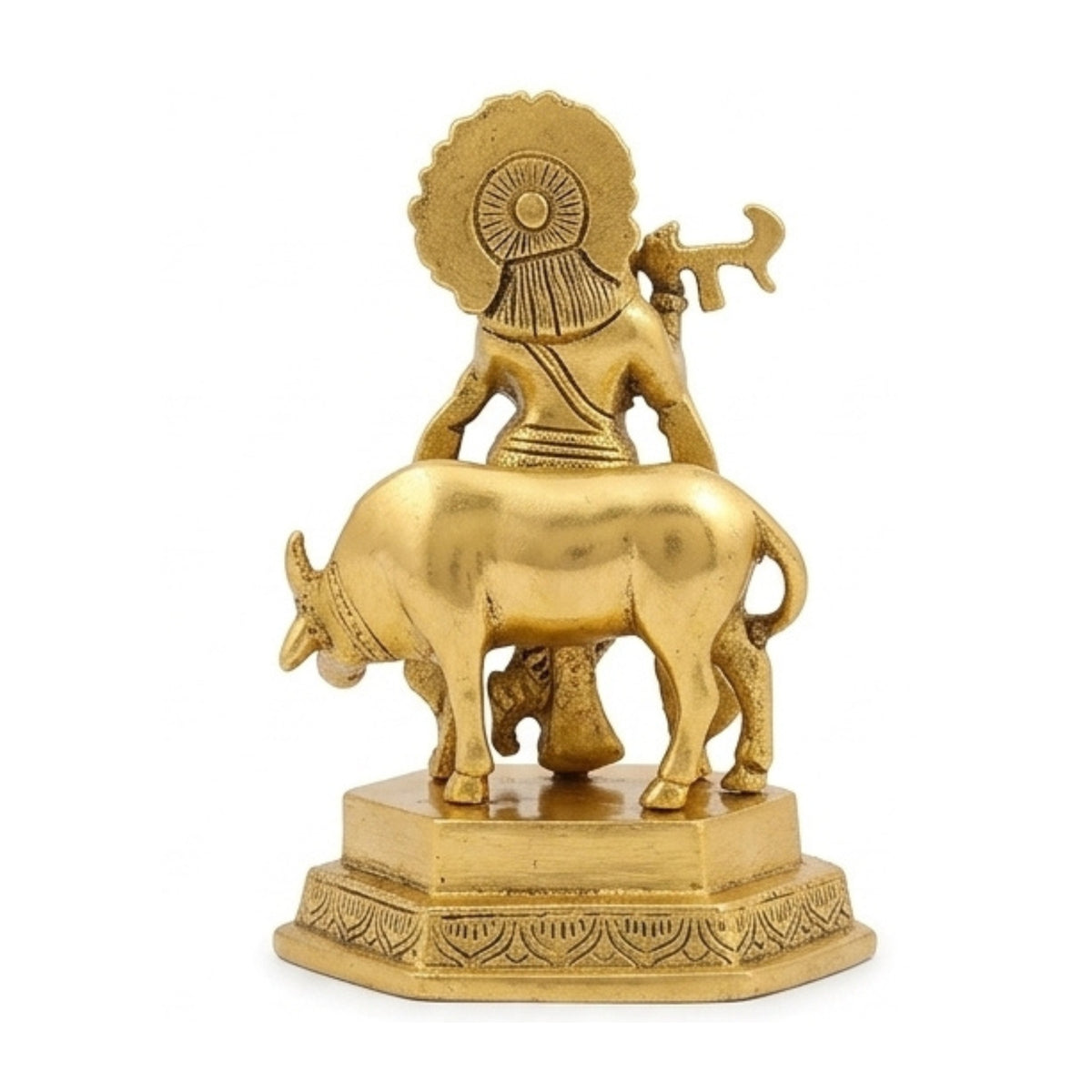 Handcrafted Metal Lord Krishna with Cow Idol – Divine Flute Player (Murali Gopal) Metallic Showpiece for Home Altar, Mandir, & Gifting W-188-A