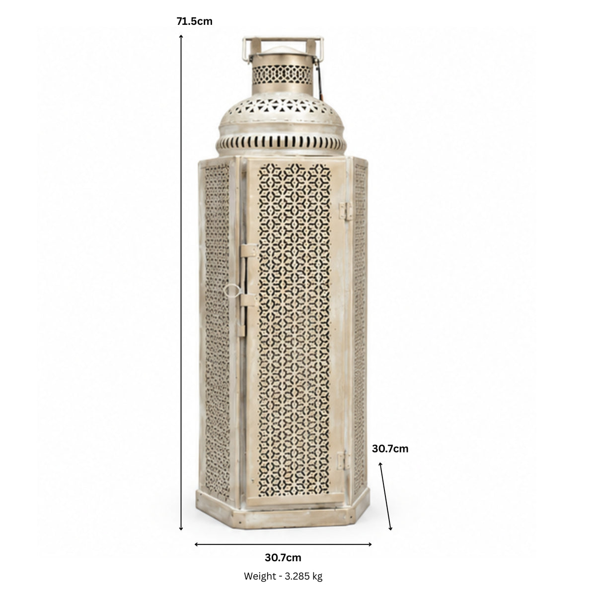 Oversized Exotic Cutout Metal Lantern – Distressed White Moroccan Tower Candle Holder with Hinged Door I-81-A