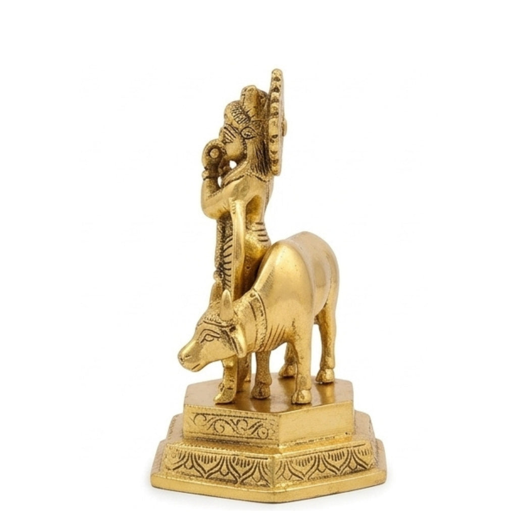 Handcrafted Metal Lord Krishna with Cow Idol – Divine Flute Player (Murali Gopal) Metallic Showpiece for Home Altar, Mandir, & Gifting W-188-A
